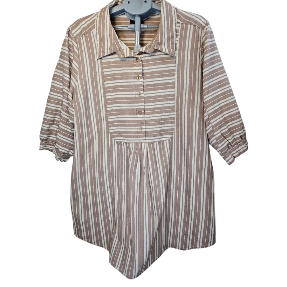 JUNE + VIE Tan Striped 3/4 Sleeve Linen Tunic Size 2X 26/28